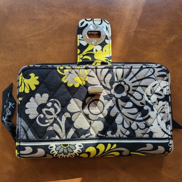 Vera Bradley Baroque Black Yellow Gray Turn Lock Quilted Zip Around Wallet - Picture 6 of 12